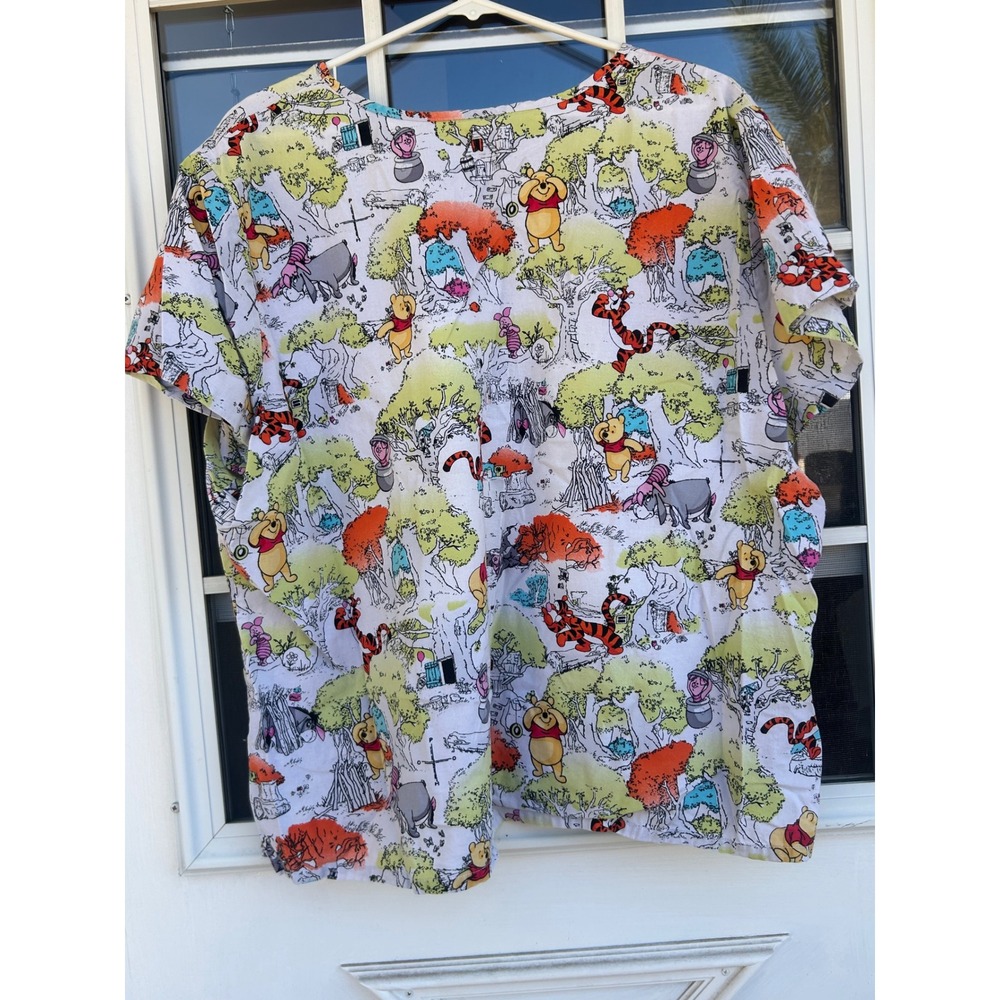 Disney Winnie the Pooh Hundred Acre Wood Scrub Top V-Neck Multicolor Large - Picture 7 of 7